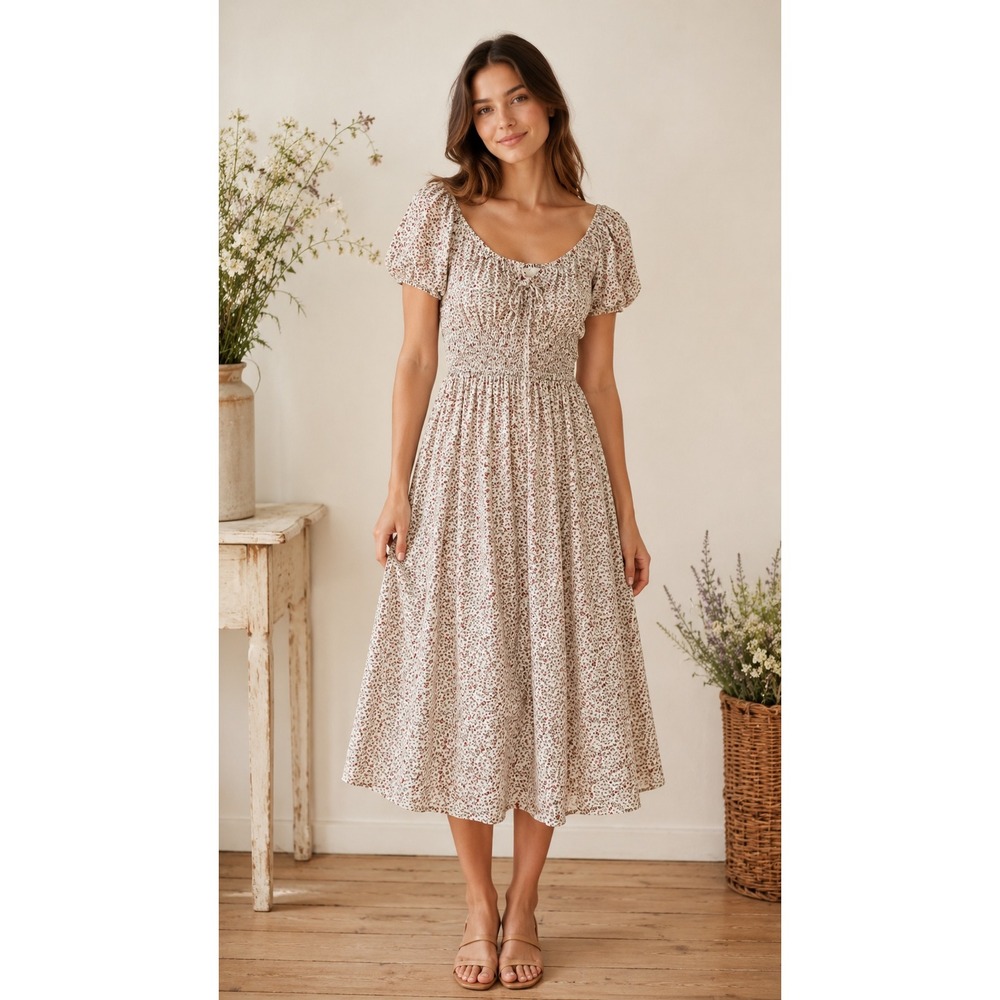 Arula Floral Puff Sleeve Midi Dress Womens XL Cottagecore Smocked Tiered Peasant